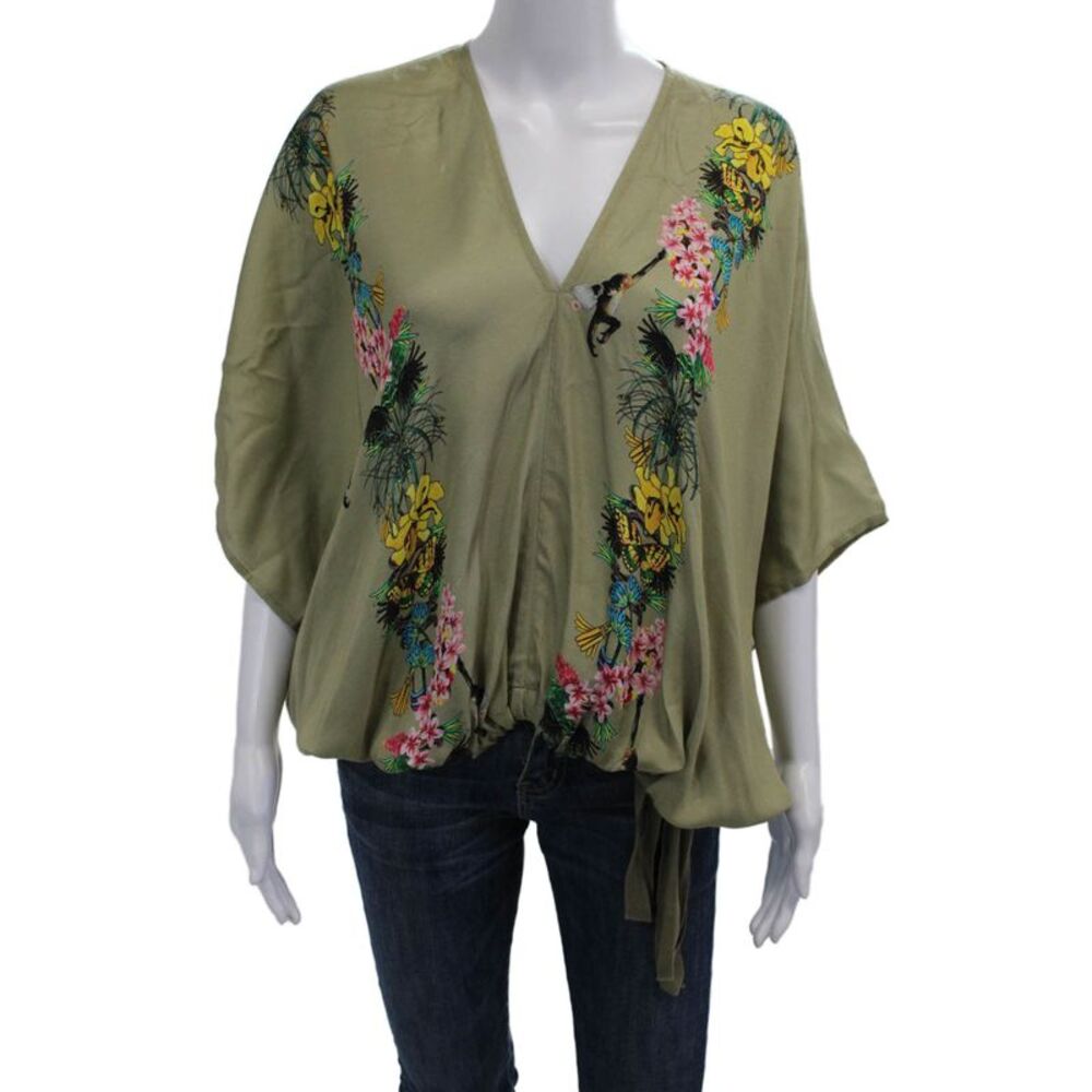 Tricot Chic Women Kimono Blouse Green V-Neck Sleeveless Floral Size 4